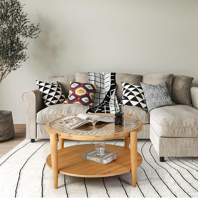 RUSTOWN Rattan Coffee Tables,2-Tier Round Boho Cocktail Tables, Mid Century Modern Coffee Table with Rattan & Tempered Glass Top and Wood Legs, Sofa Table for Living Room(Natural)