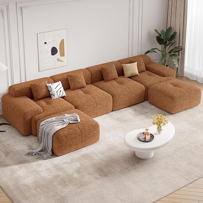 158" Modern U Shaped Modular Sectional Sofa, Boneless Couches for Living Room with Ottoman,6 Seater Convertible Chenille Cloud Couch Sofa Set, No Assembly Required, Orange 1 PCS
