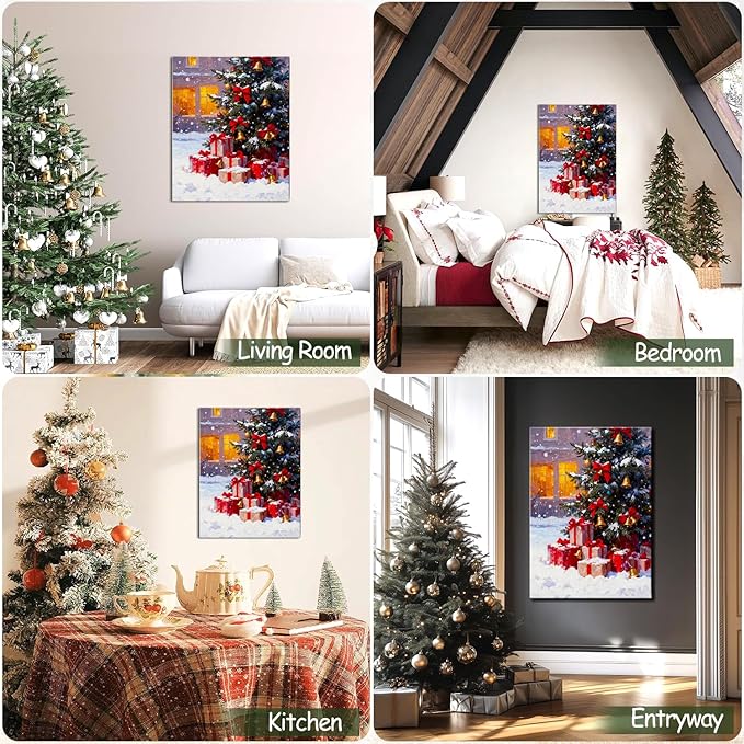 Vintage Christmas Tree and Gifts Box Canvas Wall Art - Festive Framed Print for Home Office Decor, Rustic Christmas Wall Art Picture, Ideal Christmas Gifts & Holiday Decorations