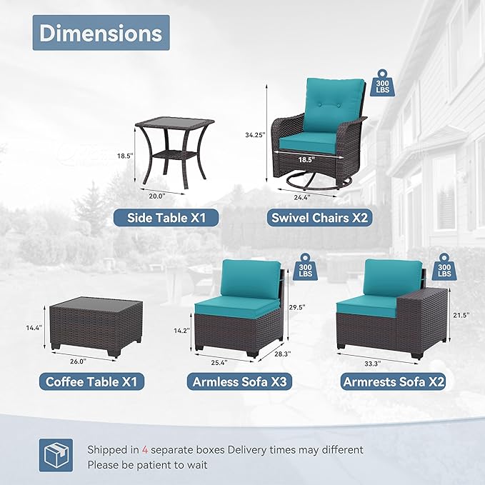 Kurapika 9 Pieces Patio Furniture Set, Rattan Sofa Set, Outdoor Conversation Sets w/Swivel Rocking Chairs Patio Sectional Sofa w/4 Inch Cushion, Blue