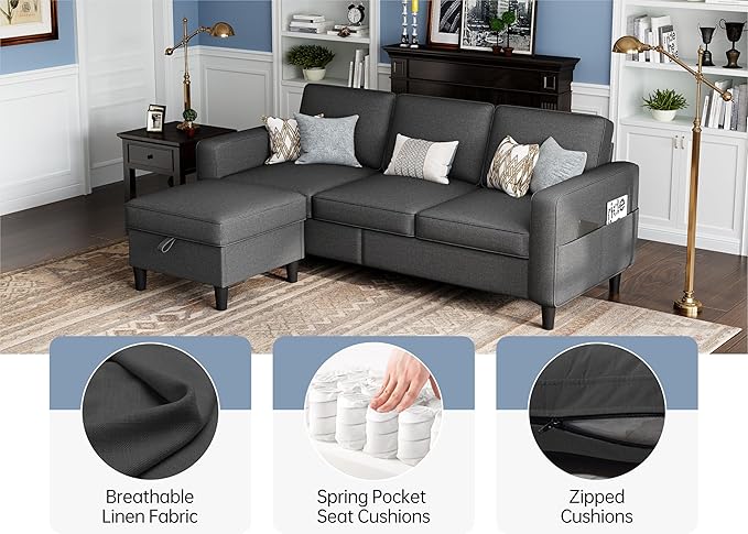 Sectional Sofas Couches for Living Room Convertible 3 Seater L Shaped Couch with Removable Storage Ottoman 78" Dark Grey Modern Linen Sofa for Apartments Studios Dorms Small Spaces