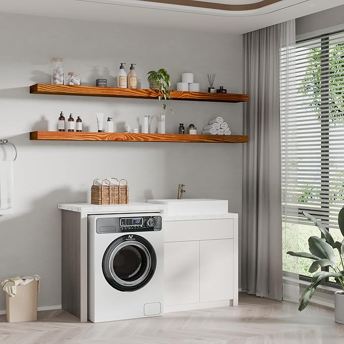 foxsky 72 Inch Solid Pine Wood Floating Shelves for Wall with Hidden Brackets, Rustic Farmhouse Wall Mounted Shelf for Bathroom, Living Room, Bedroom, Kitchen, Office Decor (Honey Oak)