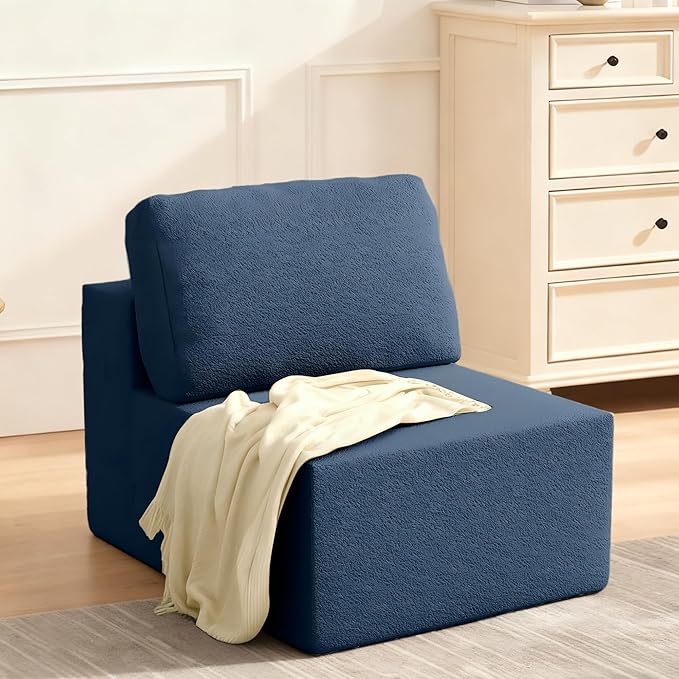 30" Modular Upholstered Foam Couch, Upholstered Floor Sofa Couch with Pillow, Bean Bag Chair for Bedroom Living Room, No Assembly Required (Blue, Teddy Boucle)