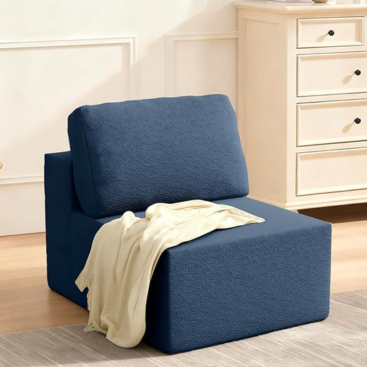 30" Modular Upholstered Foam Couch, Upholstered Floor Sofa Couch with Pillow, Bean Bag Chair for Bedroom Living Room, No Assembly Required (Blue, Teddy Boucle)