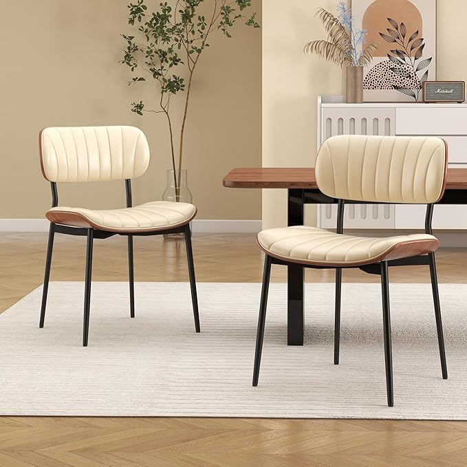 Mid Century Modern Dining Chairs Set of 4,Upholstered Faux Leather Kitchen Chairs with Walnut Bentwood Back and Metal Legs for Kitchen Dining Room Living Room, Beige