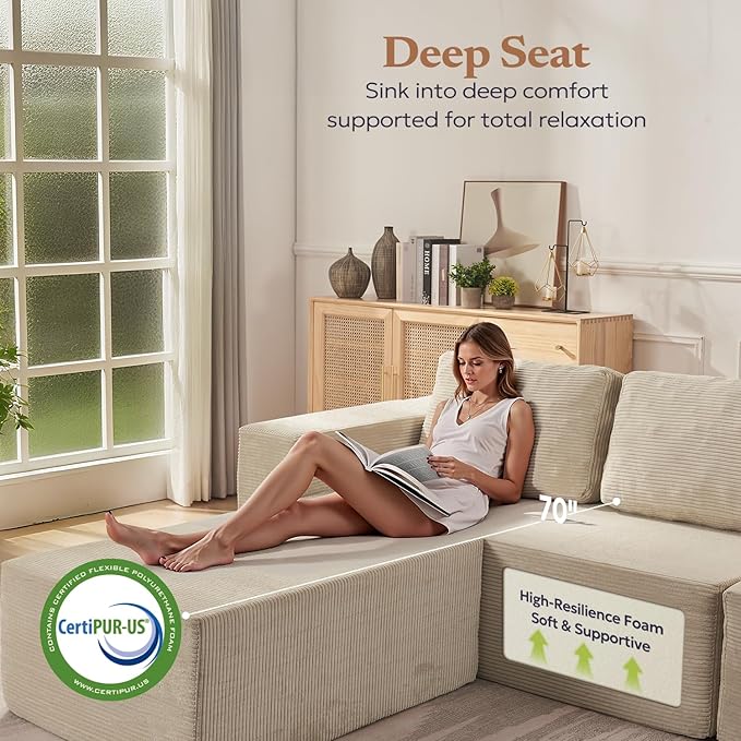106" 3-Seater Sofa, Cloud Modular Sofa with Certified Foam, Upholstered Floor Sofa with Deep Seat, Upholstered Sofa for Bedroom Living Room, No Assembly Required (Corduroy Fabric, Beige)