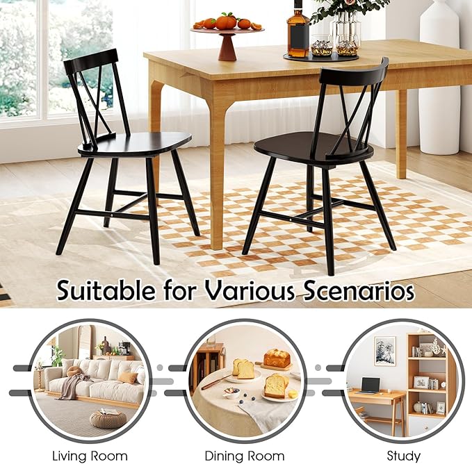 Giantex Windsor Dining Chairs Set of 4, Farmhouse Wooden Kitchen Chairs w/Cross Back, Wide Seat, Rubber Wood Frame, Armless Side Chairs for Kitchen, Dining Room, Living Room, Restaurant, Black