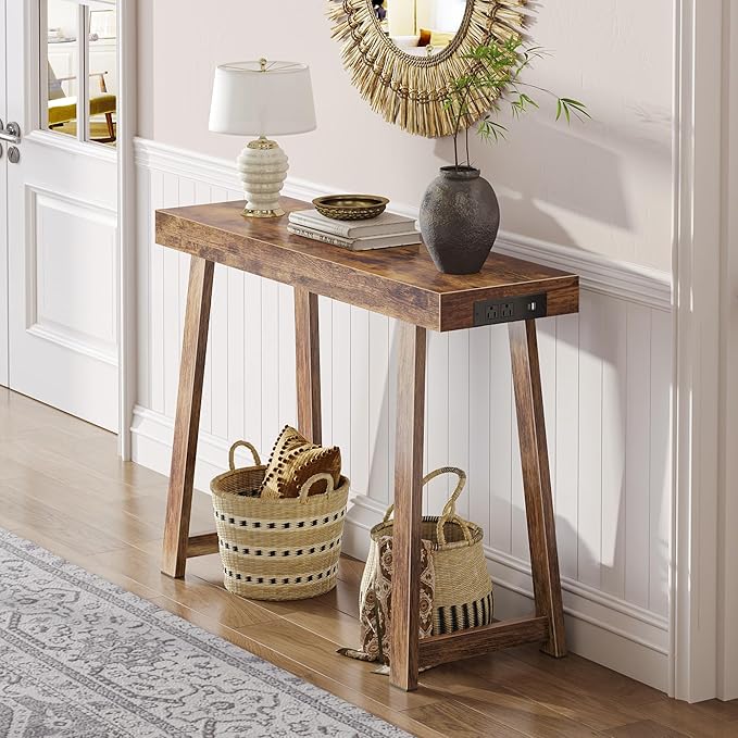 Huuger Entryway Console Table with Charging Station, USB-C Port, 39.4 Inch Sofa Table with Metal Legs, Entry Hallway Table with Thicker Desktop, Modern Behind Couch Table, Rustic Brown