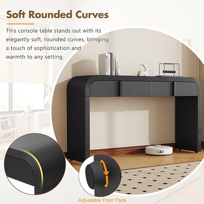 Modern Curved Entryway Console Table 55-Inch Entry Sofa Table with Storage Drawers for Living Room Entrance Hallway Accent Furniture (Black-1)