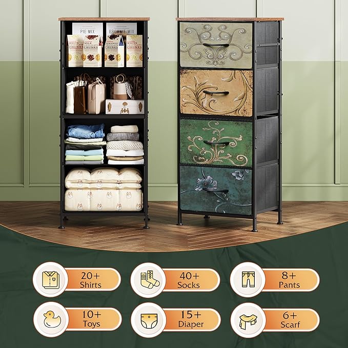 WLIVE Dresser with 4 Drawers, Storage Tower, Organizer Unit, Fabric Dresser for Bedroom, Hallway, Entryway, Closets, Vintage Furniture with Sturdy Steel Frame, Wood Top, Pull Handle, Floral Painted
