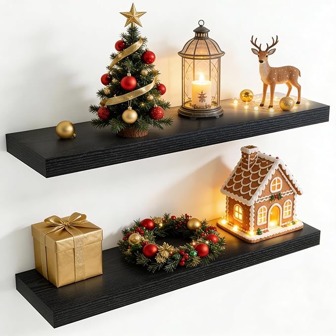 36 Inch Floating Shelves for Wall, 8 Inch Deep Floating Shelf for Storage & Display, Rustic Wall Mounted Shelf with Invisible Brackets for Living Room, Kitchen, Bathroom, Home Decor, Set of 2, Black