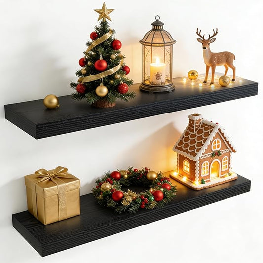 36 Inch Floating Shelves for Wall, 8 Inch Deep Floating Shelf for Storage & Display, Rustic Wall Mounted Shelf with Invisible Brackets for Living Room, Kitchen, Bathroom, Home Decor, Set of 2, Black