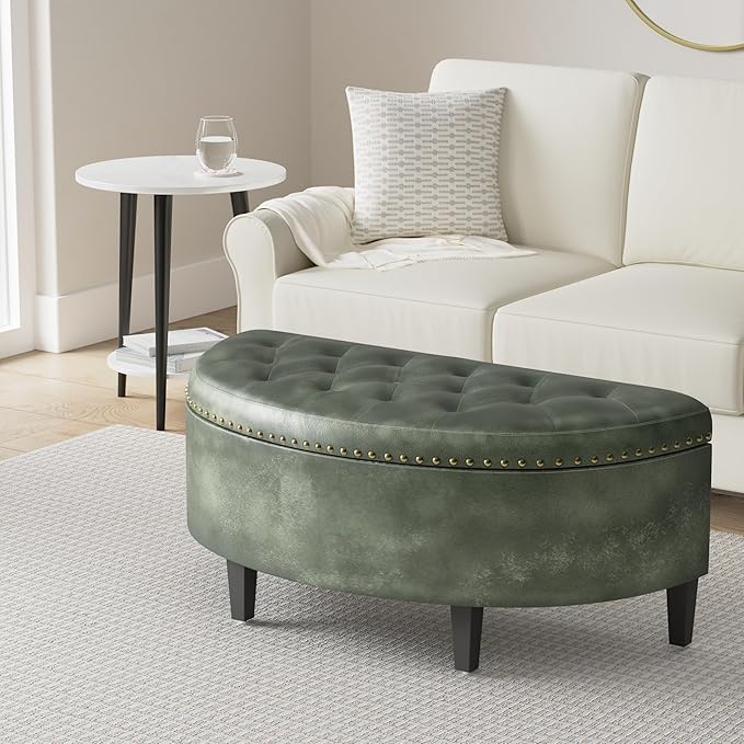 Homebeez 43" Half Moon Storage Ottoman Bench, End of Bed Storage Chest with Nailhead Trim for Entryway Living Room, Dark Green