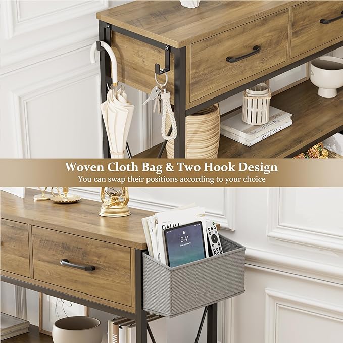 HITHOS 47.2" Console Table with 3 Drawers, Industrial Long Entryway Foyer Table with 3-Tier Storage Shelves, Narrow Sofa Hallway Table for Living Room, Entry Way, Kitchen, Rustic Brown