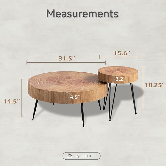 COZAYH 2-Piece Modern Farmhouse Living Room Coffee Table Set, Nesting Table Round Natural Finish with Handcrafted Wood Ring Motif, Light Red + Wood Color
