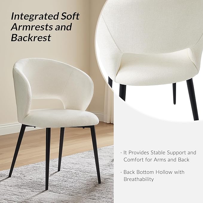Contemporary Dining Chairs with Armrests – Ergonomic Soft-Padded Seat, Curved Backrest, Matte Black Metal Legs, Comfortable Kitchen & Dining Room Chairs, Set of 4