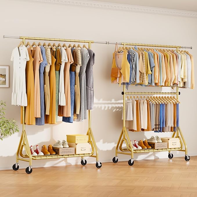 Heavy Duty Clothes Rack for Hanging Clothes, Double Rods Clothing Rack with Lockable Wheels, Rolling Metal Garment Racks Heavy Duty, Portable Wardrobe Closet Racks, Gold