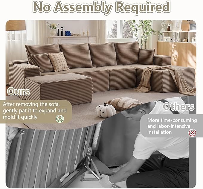135" U-Shape Cloud Couch, Modern Modular Sectional Comfy L-Shape Sofa with Ottoman, Deep Seat, Upholstered Corduroy Sleeper Chaise Longue for Living Room Bedroom, No Assembly Required, Camel