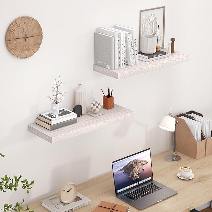 Fun Memories Floating Shelves for Wall, 24 x 9.3 Floating Shelf Wall-Mounted, Rustic Wood Bathroom Shelf Set of 2, Deep Bookshelf Storge Shelves for Living Room, Bedroom, Farmhouse, Brich Color