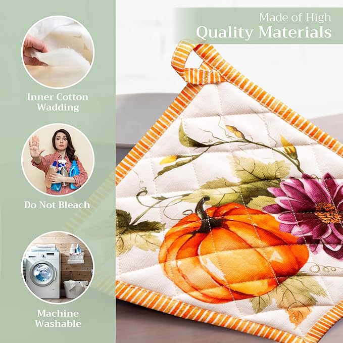 Maison d' Hermine Pot Holders 100% Cotton Heat Resistant Potholders 8" x 8" Hot Pads with Loop for Thanksgiving Christmas Decoration Baking Handling Hot Pans (Pack of 1, Pumpkin Garden - Cloudy Cream)