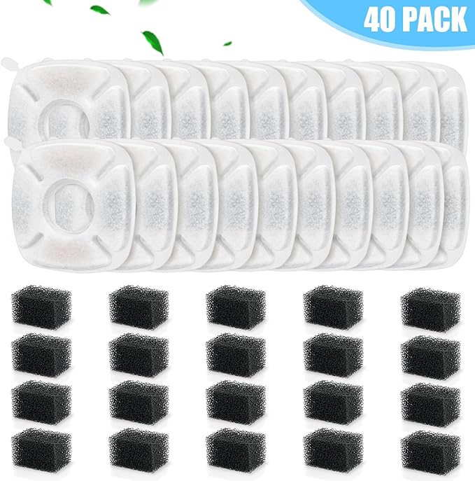 40 Pack Cat Water Fountain Carbon Filters, 20 Pcs Replacement Pet Filters with 20 Pcs Pre-Sponges Compatible with 67oz/2L 95oz/2.8L 135oz/4L Automatic Cats Dog Water Fountain Dispenser
