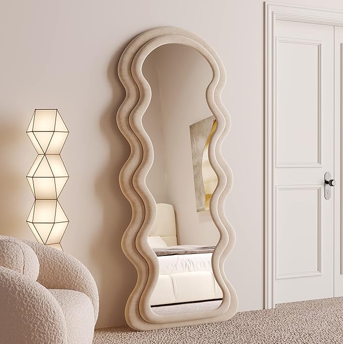 BOJOY 63"x24" Irregular Wavy Mirror, Wall Mount, Modern Bedroom Mirror, Milk Tea Color