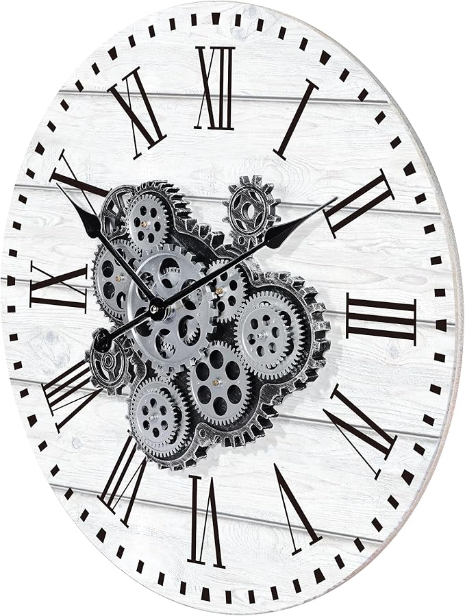 Lafocuse 23 Inch Large Wall Clock with Moving Gears for Living Room, Wooden White Steampunk Gear Clocks with Roman Numerals, Home Decor