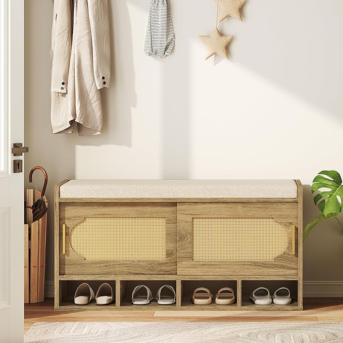 39.4" Wide Shoe Storage Bench, 2-Tier Rattan-Style Shoe Bench with Cushion Seat and 4 Open Compartments, Double Sliding Door and Adjustable Shelves, for Entryway, Hallway, Natural Pecan