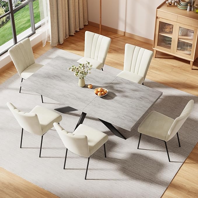 ZckyCine 51"-67" Extendable Dining Table Set with 6 Velvet Dining Chairs, Modern Rectangular Kitchen Table Set for 6-8 People, Space-Saving Expandable Dining Table with Metal Frame