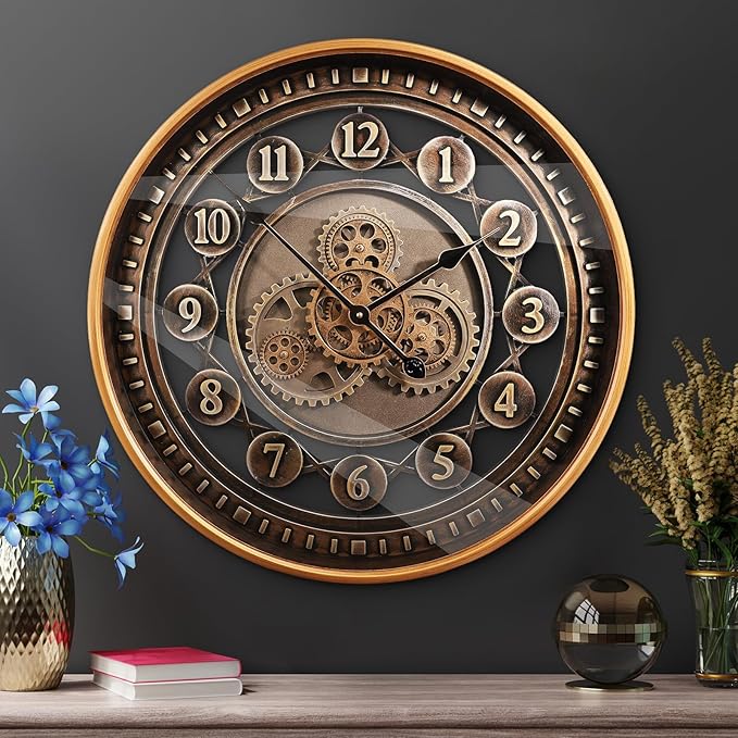 24 Inch Wall Clock with Moving Gears Large Industrial Steampunk Metal Clock Antique Gold Oversized Farmhouse Decor Wall Clock for Living Room Home Office(Bronze Brown-Arabic Numerals)