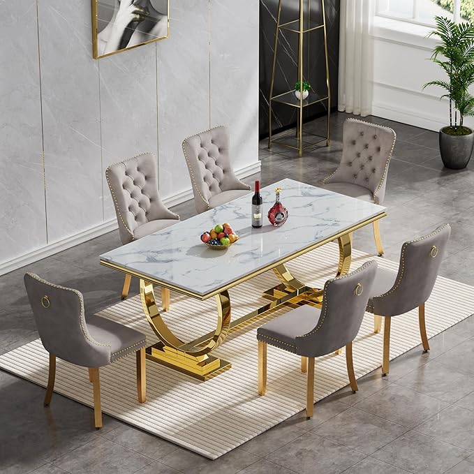 Goujxcy 7 Piece Marble Dining Table Set for 6, Luxury White Marble Gold Kitchen Table with 6 Grey Velvet Upholstered Chairs, Modern 6 Person Dining Room Table Set for Kicken Dining Office Room