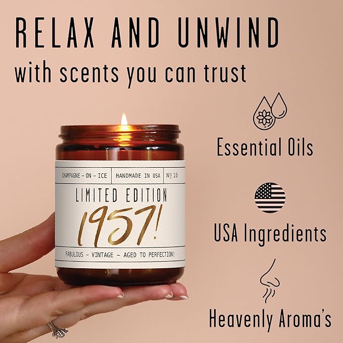 67th Birthday Gifts for Women - 'Limited Edition 1957' Soy Candle, w/Champagne on Ice I 67 Birthday Gifts for Women I 67th Birthday Gift for Her Ideas I 9oz Reusable Jar, 50Hr Burn, Made in USA