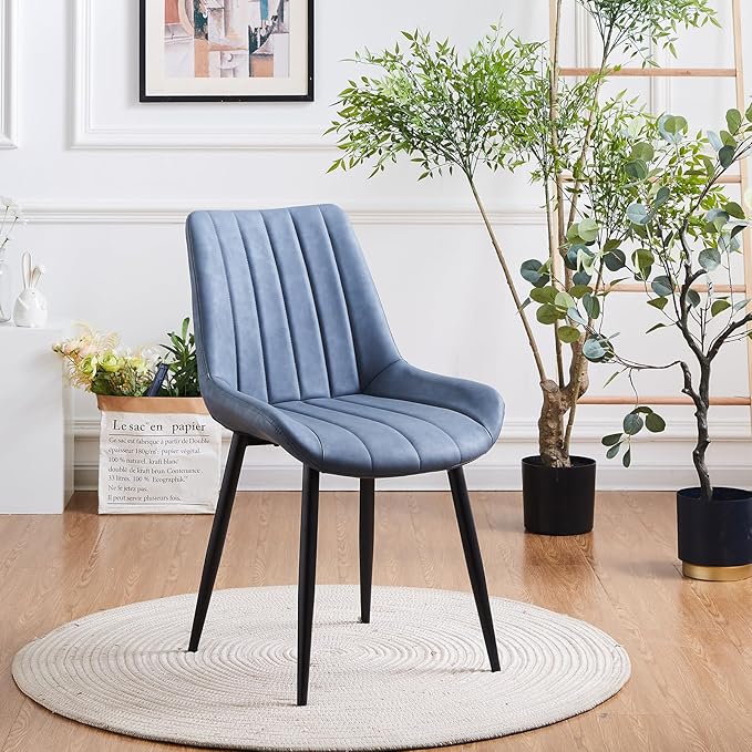 Dining Chairs Set of 6, Faux Leather Modern Linear Design Dining Chair with Metal Legs, 16.9" Seat Width Chair for Kitchen, Lounge, Reception Room, Restaurant, Commercial (Haze Blue)