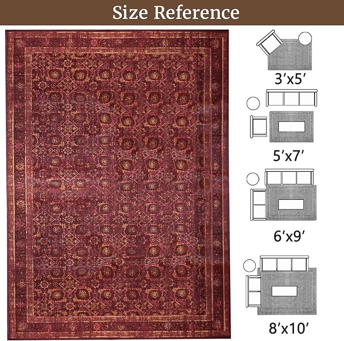 8x10 Soft Washable Area Rugs for Living Room and Bedroom, Non-Slip Stain Resistant Indoor Carpet, Cozy Floor Mat for Dining Room, Office, Under TableStain Resistant Persian red Floral