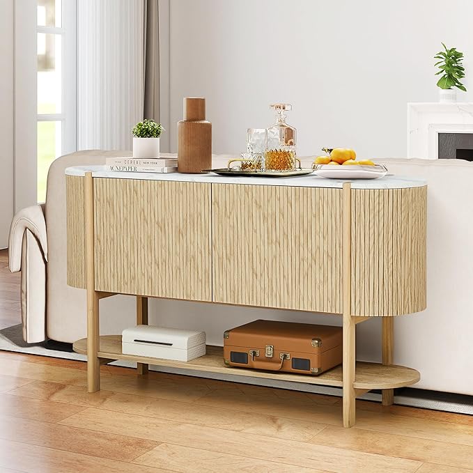 Console Table with Storage, Fluted Entryway Table with 2 Doors and Open Shelf, Long Sofa Table Behind Couch for Living Room, Hallway (Natural)