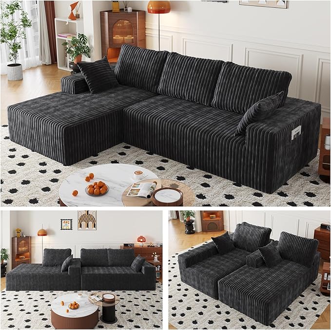 108" Sectional Couches for Living Room, Modular Sectional Sofa with L-Shape Chaise, Boneless Couch, Comfy Corduroy Fluffy Couch with Deep Seat and Side Pockets, No Assembly Required