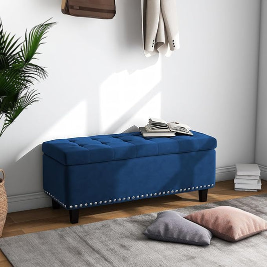Ottoman with Storage, Storage Ottoman Bench with Button-Tufted, Upholstered End of Bed Bench with Wooden Legs for Bedroom, Entryway (Navy Blue, Set of 1)