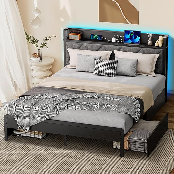 Bed Frame Queen Size with Charging Station and LED Lights, Upholstered Storage Headboard with 4 Drawers, Heavy Duty Metal Slats, Noise Free, Easy Assembly, No Box Spring Needed