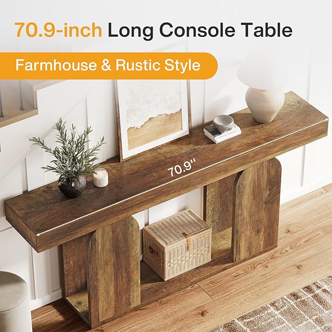 Tribesigns 70.9-Inch Extra Long Sofa Table, Farmhouse Console Tables with Wood Frame and Storage Shelf, 2-Tier Wood Table Behind Couch for Living Room, Hallway, Foyer, Vintage Brown