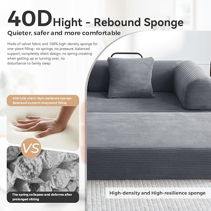Sofa Bed, Corduroy Sleeper Sofa Bed with Fixed Frame, Floor Sofa Lounge with Pillow, Convertible Folding Mattress Couch for Living Room, Bedroom, Lounge, Studio (Dark Grey)