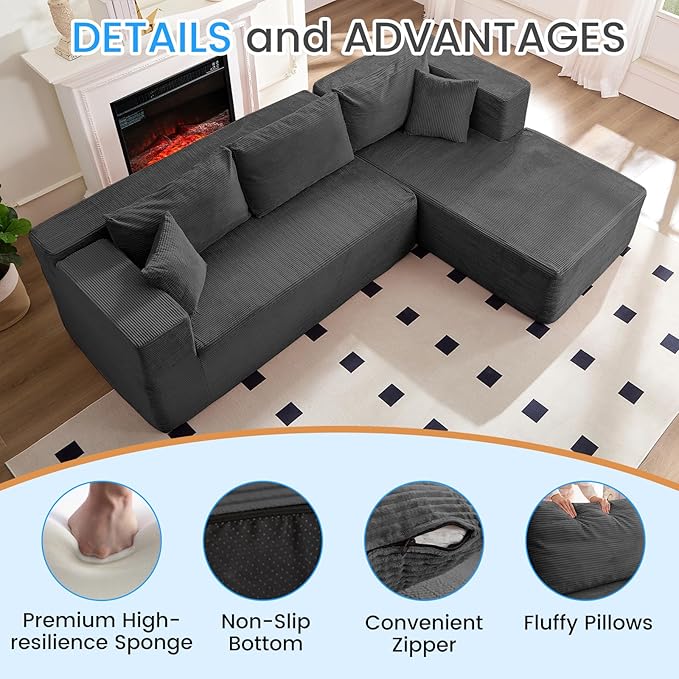 PUREMIND 106" Cloud Sectional Couch for Living Room, Corduroy L Shape Sofa with Deep Seat, Modular Boneless Foam Couch Corner Couches No Assembly Required