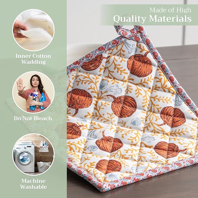 Maison d' Hermine Pot Holders 100% Cotton Heat Resistant Potholders 8" x 8" Hot Pads with Loop for Thanksgiving Christmas Decorations BBQ Cooking Baking Handling Hot Pans (Pack of 1, Harvest Festival)
