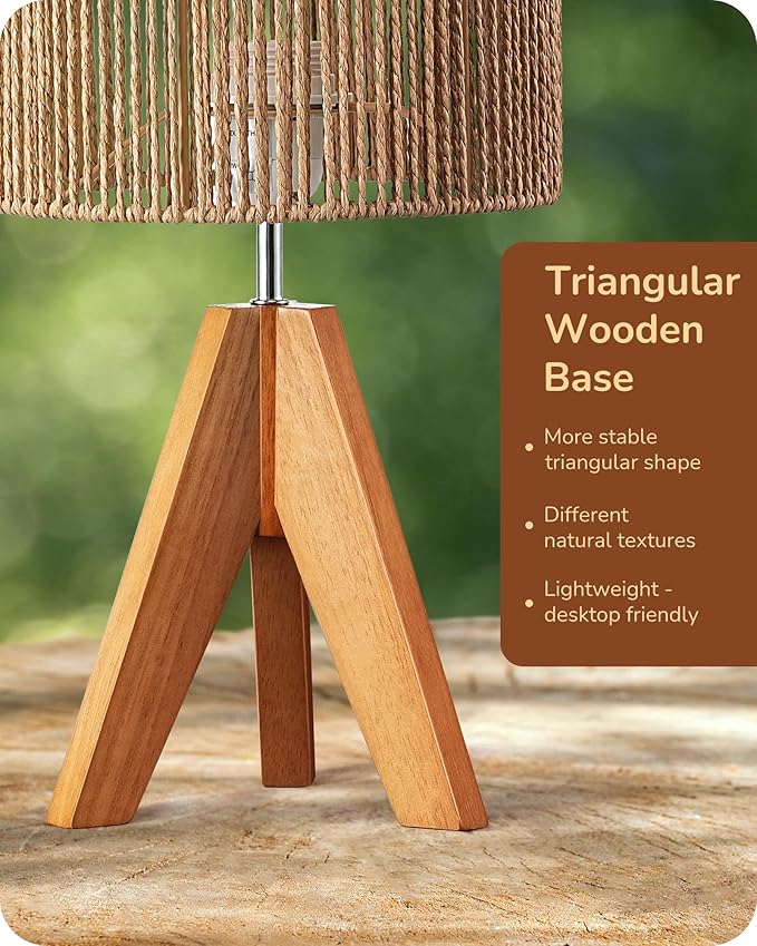 EDISHINE Small Rattan Table Lamp, Wood Tripod Bedside Lamp, Boho Nightstand Lamp for Living Room, End Table, Office, E26 Base, Natural Style