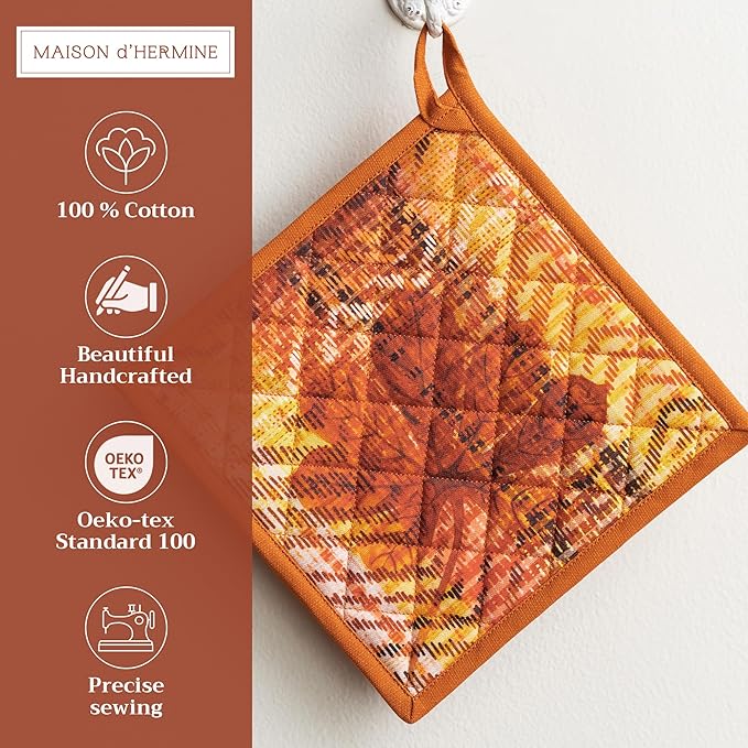 Maison d' Hermine Pot Holders 100% Cotton Heat Resistant Potholders 8" x 8" Hot Pads with Loop for Thanksgiving Christmas Decorations BBQ Cooking Handling Hot Pans (Pack of 1, Thanksgiving Tartan)