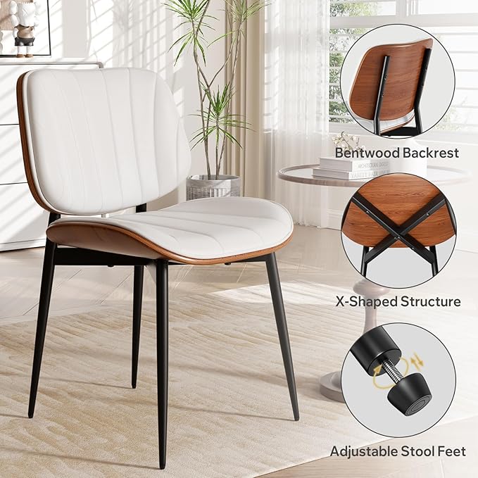 Dining Chairs Set of 2, Mid Century Modern Dining Room Chair, Upholstered Faux Leather Kitchen Chairs with Walnut Bentwood Back and Metal Legs for Kitchen Dining Room Living Room, White