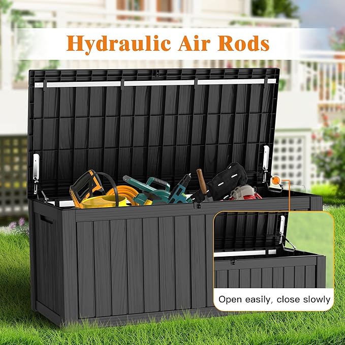 119 Gallon Outdoor Storage Box, Waterproof Deck Box with Handles and Lockable Lid, Resin Patio Storage Box with Hydraulic Rods for Garden Tools, Cushions, Black