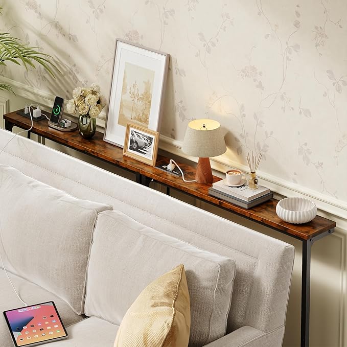 63 Inch Narrow Console Table with 2 Power Outlets, Behind Couch Table with Charging Station, Small Space Sofa Behind Table for Living Room, Entryway, Hallway, Rustic Brown