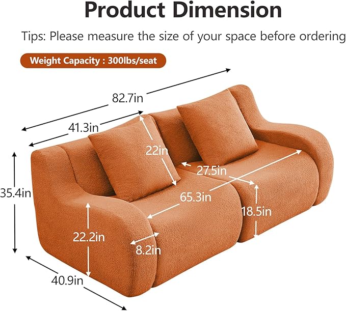 Orange Cloud Couch Loveseat, Modern Teddy Fabric Boneless Sectional Sofa in a Box for Living Room, Modular Floor Couch, No Assembly Required, Sofas para Sala