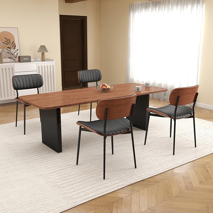 Mid Century Modern Dining Chairs Set of 2,Upholstered Faux Leather Kitchen Chairs with Walnut Bentwood Back and Metal Legs for Kitchen Dining Room Living Room, Black