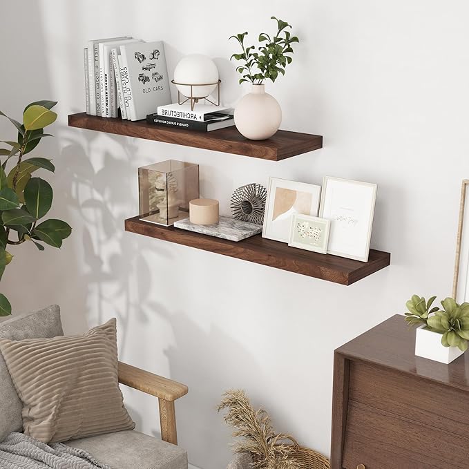 40 Inch Floating Shelves for Wall, 9.3 Inch Deep Shelves for Books & Decor, Wall-Mounted Floating Shelf 40 Inch Long Set of 2, Rustic Wooden Shelf for Living Room, Bedroom, Kitchen, Walnut